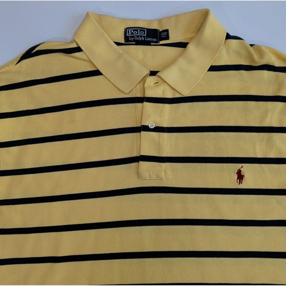 Vintage Ralph Lauren Polo Shirt Mens 2XLT Tall Yellow Navy Striped Preppy Campus
